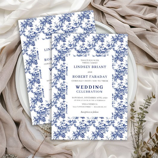 French Toile de Jouy Blue Floral Wedding Invite Kaart