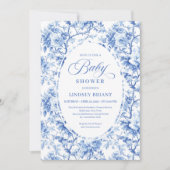 French Toile de Jouy Blue Roses Baby Shower Invite Kaart (Voorkant)
