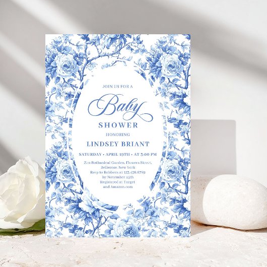 French Toile de Jouy Blue Roses Baby Shower Invite Kaart
