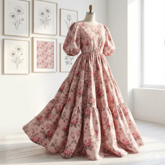 French Toile de Jouy Pink Floral Rococo Rose Theme Stof