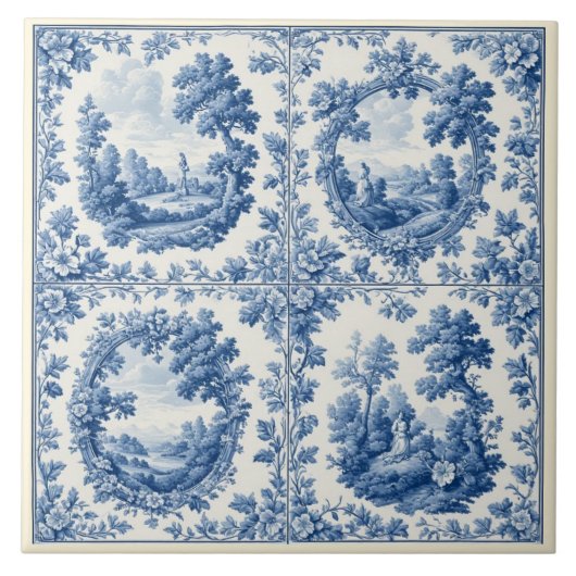 French Toile De Juoy Pastoral Rustic Country Blue Tegeltje (Voorkant)