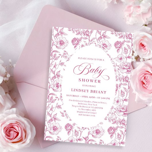 French Toile Roses Dusty Pink Baby Shower Invite Kaart