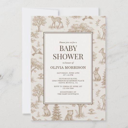 French Toile Woodland Animals Baby Shower Kaart (Voorkant)
