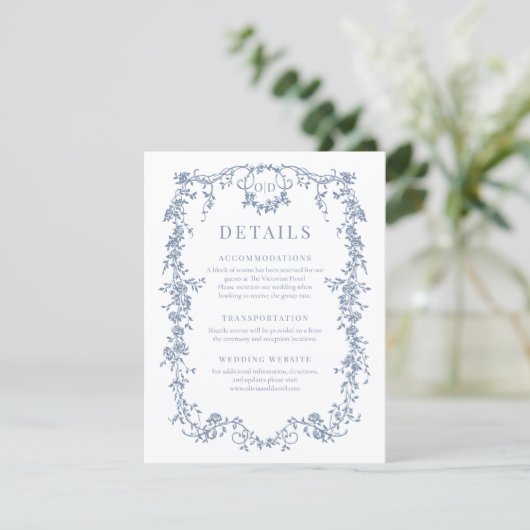 French Victorian Dusty Blue Wedding Details Kaart (Staand voorkant)