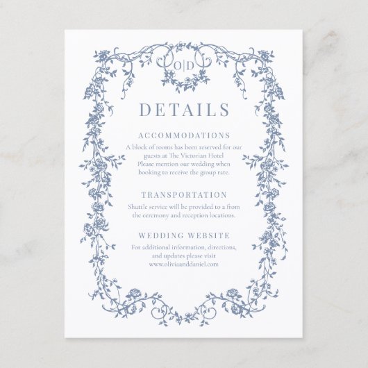 French Victorian Dusty Blue Wedding Details Kaart (Voorkant)