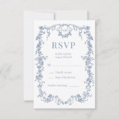 French Victorian Dusty Blue Wedding RSVP Kaartje (Voorkant)