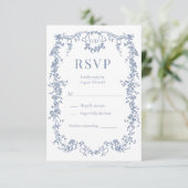 French Victorian Dusty Blue Wedding RSVP Kaartje (Staand voorkant)