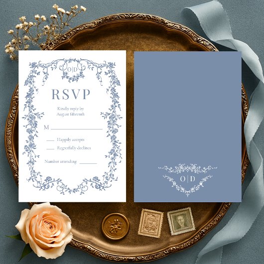 French Victorian Dusty Blue Wedding RSVP Kaartje