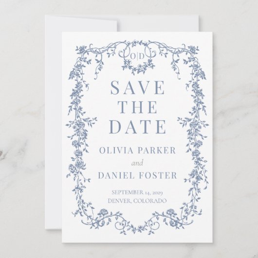 French Victorian Dusty Blue Wedding Save the Date (Voorkant)