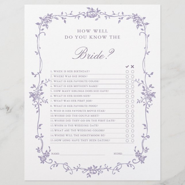 French Victorian Lavender Bridal Shower Game (Voorkant)