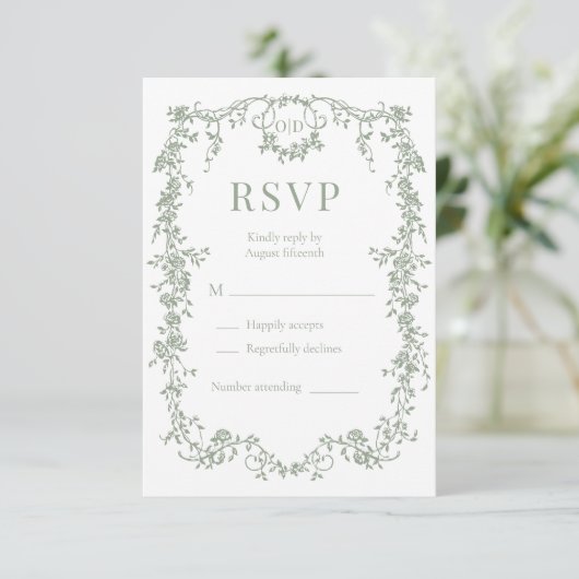 French Victorian Sage Green Wedding RSVP (Staand voorkant)