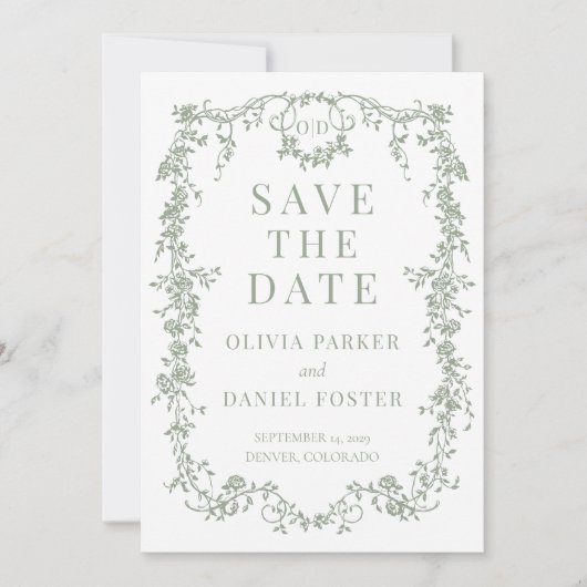 French Victorian Sage Green Wedding Save the Date (Voorkant)