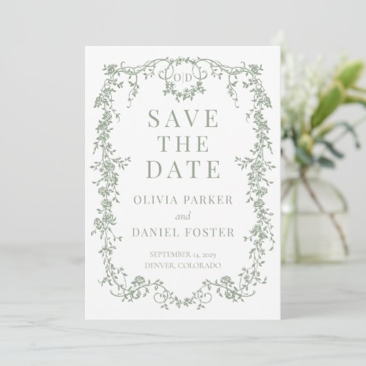 French Victorian Sage Green Wedding Save the Date (Staand voorkant)