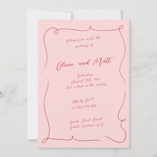 French Whimsy Script Wedding Invite Red Pink Kaart (Voorkant)