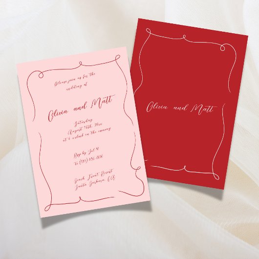 French Whimsy Script Wedding Invite Red Pink Kaart