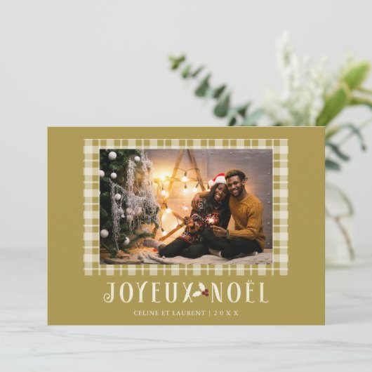 French White Gold Tartan Joyeux Noël Custom Photo Feestdagenkaart (Staand voorkant)