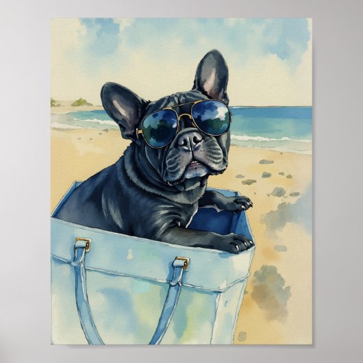 Frenchie aan het Strand Waterverf Poster (Voorkant)