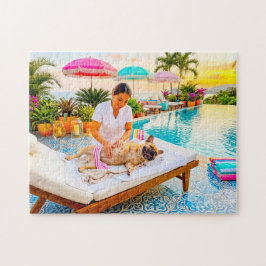 Frenchie bij zwembad massage legpuzzel