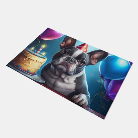 Frenchie Birthday Bash: Een echte Franse bulledog Deurmat (Schuin)