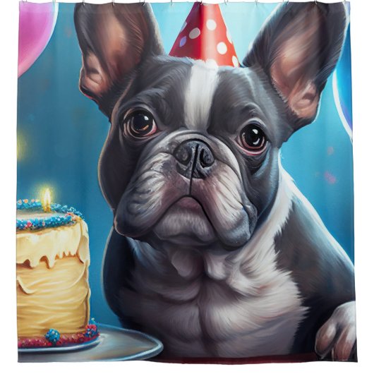 Frenchie Birthday Bash: Een echte Franse bulledog Douchegordijn (Voorkant)