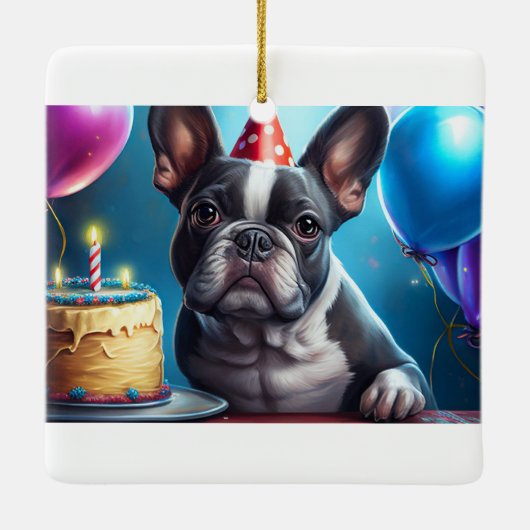 Frenchie Birthday Bash: Een echte Franse bulledog Keramisch Ornament (Achterkant)