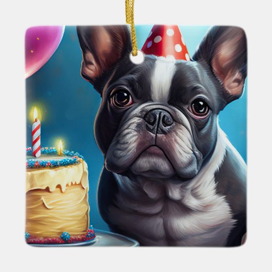 Frenchie Birthday Bash: Een echte Franse bulledog Keramisch Ornament (Voorkant)