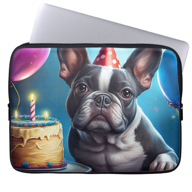 Frenchie Birthday Bash: Een echte Franse bulledog Laptop Sleeve (Voorkant)