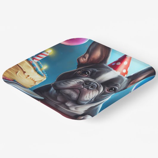 Frenchie Birthday Bash: Een echte Franse bulledog Papieren Bordje (Gebogen)