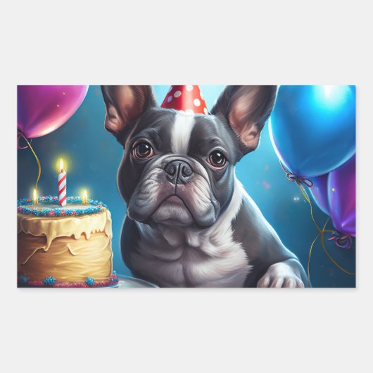 Frenchie Birthday Bash: Een echte Franse bulledog Rechthoekige Sticker (Voorkant)