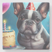 Frenchie Birthday Bash: Een echte Franse bulledog Stenen Onderzetter (Voorkant)