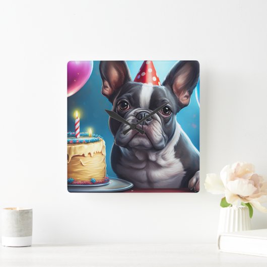 Frenchie Birthday Bash: Een echte Franse bulledog Vierkante Klok (Huis)