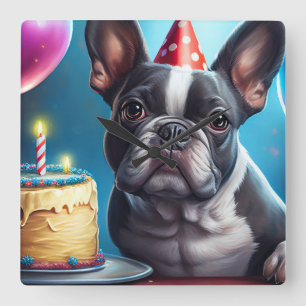 Frenchie Birthday Bash: Een echte Franse bulledog Vierkante Klok