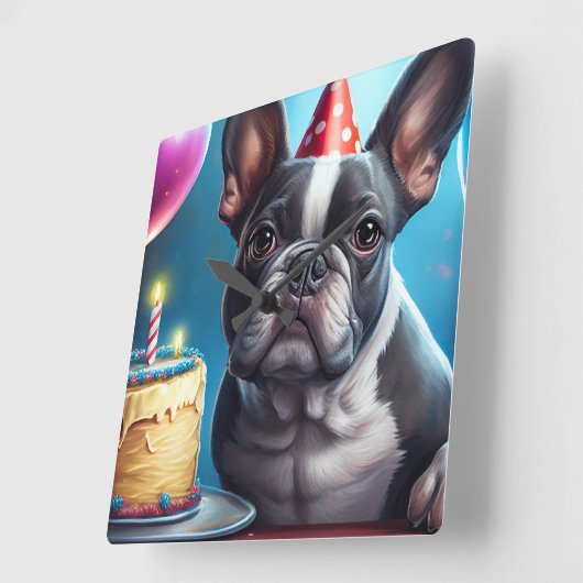 Frenchie Birthday Bash: Een echte Franse bulledog Vierkante Klok (Hoek)