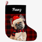 Frenchie Bulldog and Red Plaid with Dog's Name Grote Kerstsok (Voorkant)