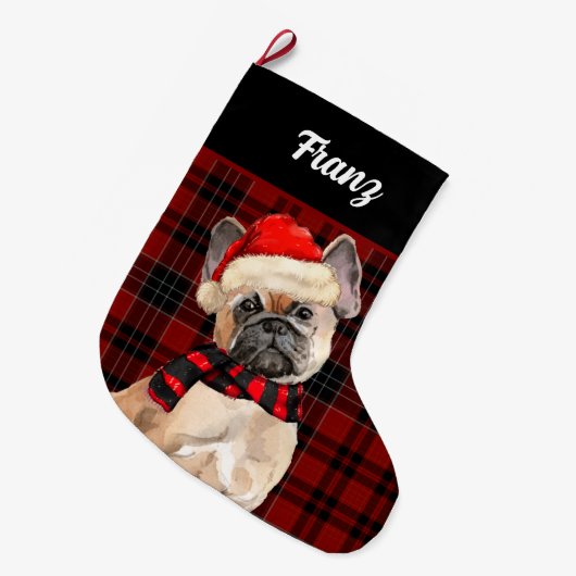 Frenchie Bulldog and Red Plaid with Dog's Name Grote Kerstsok (Voorkant (Hangend))