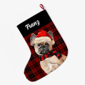 Frenchie Bulldog and Red Plaid with Dog's Name Grote Kerstsok (Achterkant (Hangend))