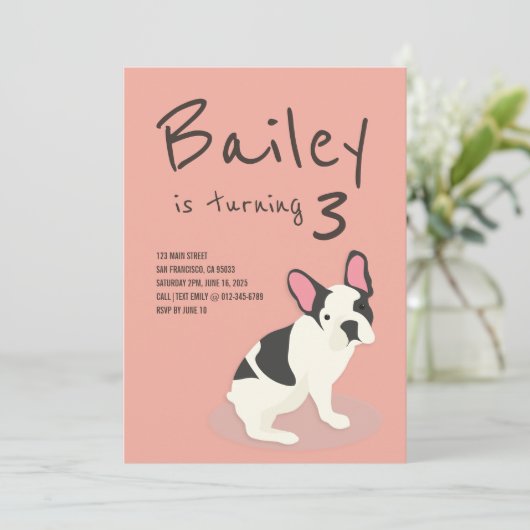 Frenchie Bulldog Puppy Dog Birthday Uitnodiging (Staand voorkant)