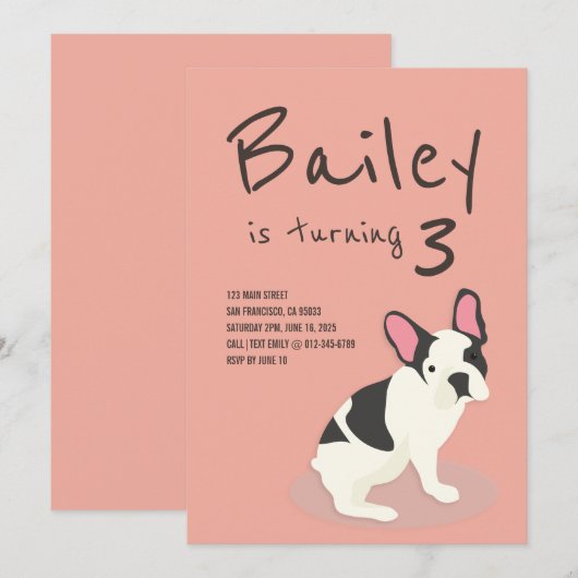 Frenchie Bulldog Puppy Dog Birthday Uitnodiging (Voorkant / Achterkant)