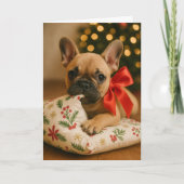 Frenchie Christmas Card – Puppy on Pillow Kaart (Voorkant)