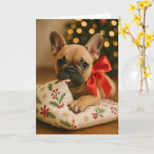 Frenchie Christmas Card – Puppy on Pillow Kaart (Gele Bloem)