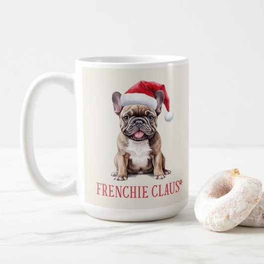 Frenchie Claus Dog Pun Christmas Coffee Mok (Met donut)