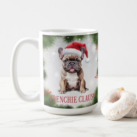 Frenchie Claus Dog Pun Christmas Coffee Mok (Met donut)