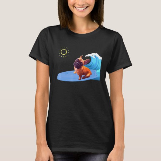 Frenchie de surfer French bulldog pup on a surfbo T-shirt (Voorkant)