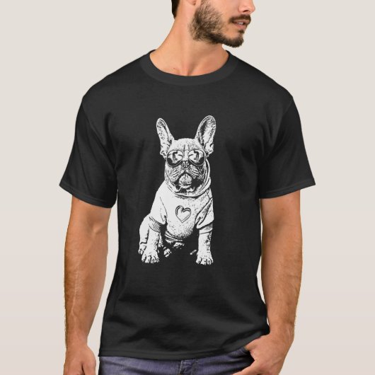 Frenchie Dog Sunglasses Cool Black White Dog Motif T-shirt (Voorkant)