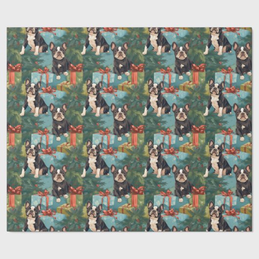 Frenchie Feestelijke Puppy Kerstmis Cadeaupapier (Zoom)
