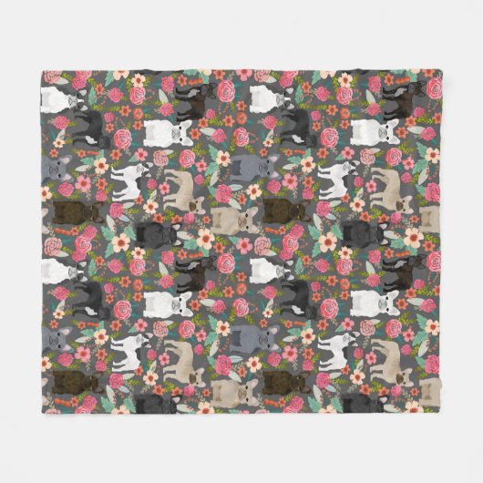 Frenchie Floral Blanket - franse bulldog Fleece Deken (Voorkant (Horizontaal))