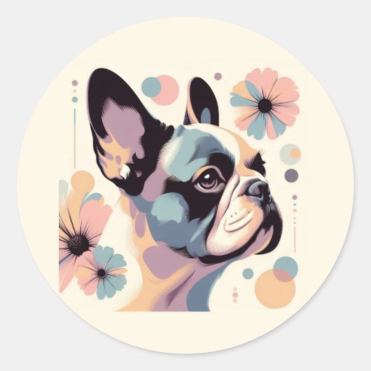 Frenchie Floral Vibes Ronde Sticker (Voorkant)