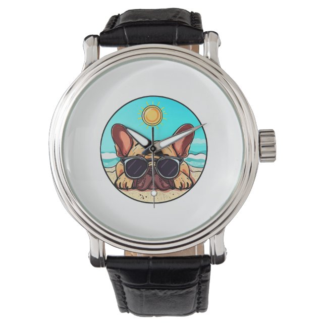 Frenchie Genieten Strand Horloge (Voorkant)