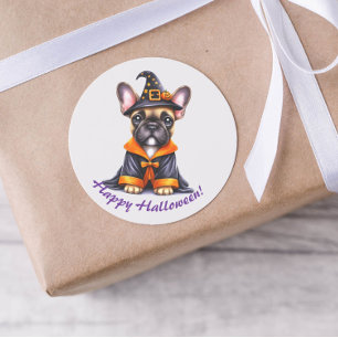 Frenchie Halloween Paarse Jas Heksenhoed Ronde Sticker