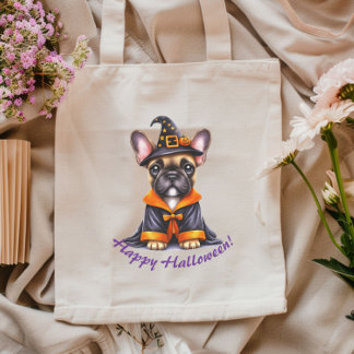 Frenchie Halloween Paarse Jas Heksenhoed Tote Bag